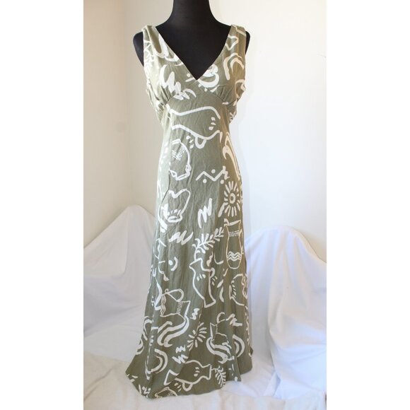 NWT Paper Heart Linen Blend Maxi dress size M Pottery print Olive Sleeveless - Picture 1 of 11